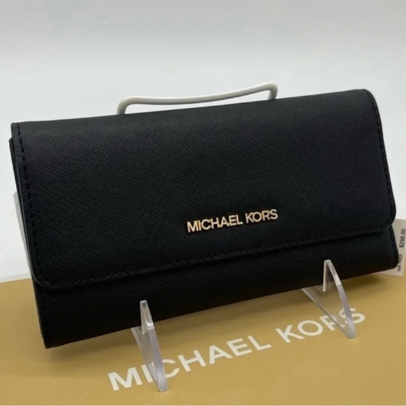 Michael Kors Large Trifold Wallet Leather Black/Gold - Picture 1 of 8